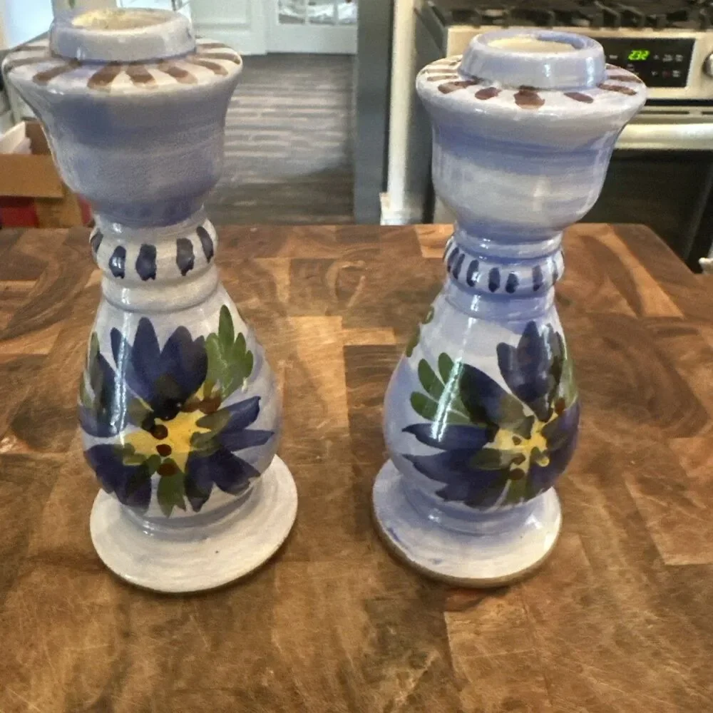 Los Bohios Mid Century Pottery Candlestick Set Of 2 Puerto Rico Floral Blue Clay